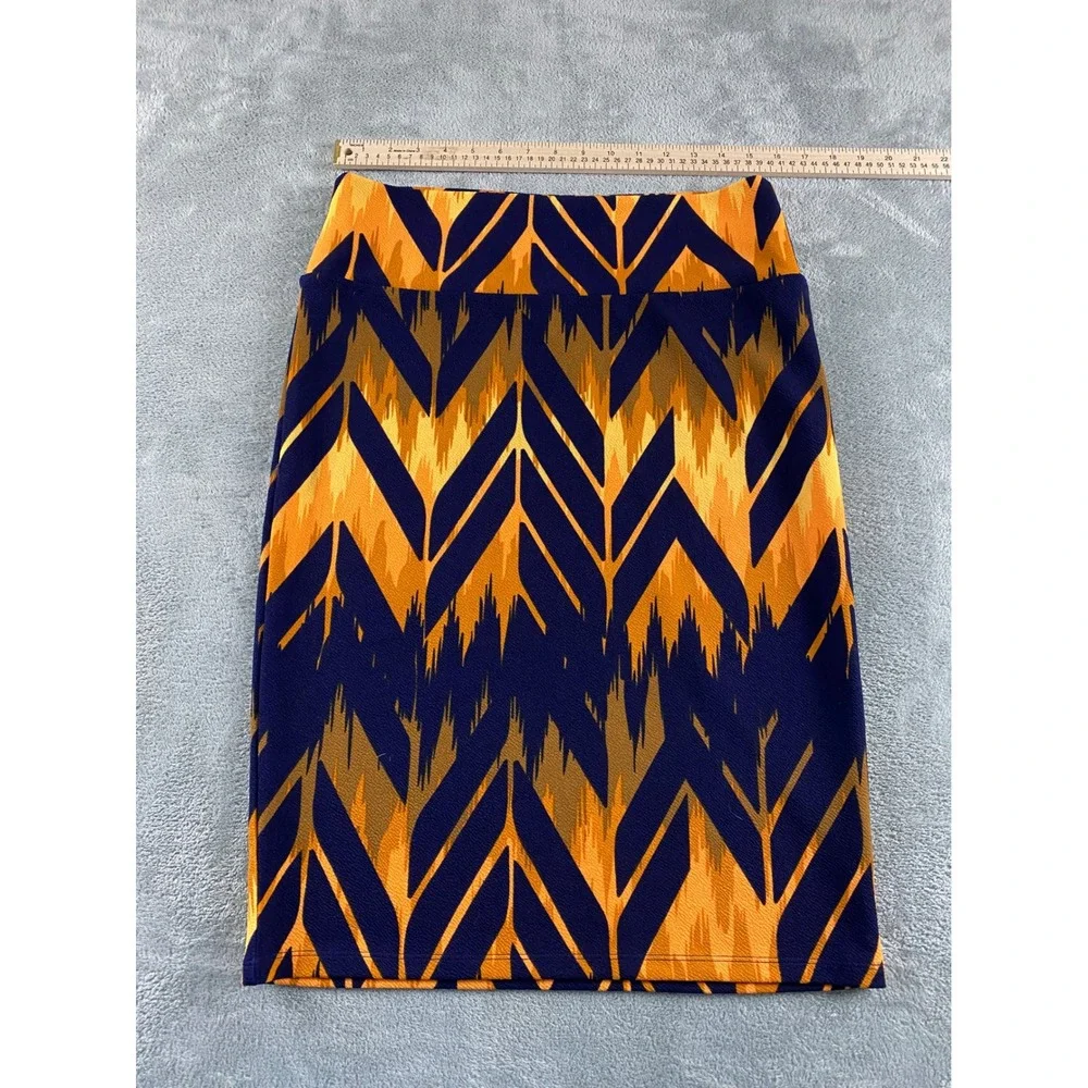 LuLaRoe Cassie Pencil Skirt Large Navy Mustard Yellow Brown‎ Chevron Ikat Print